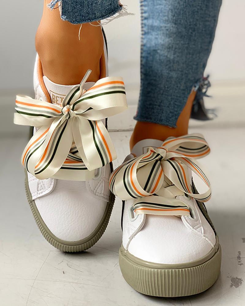 Colorful Ribbon Lace-Up Casual Sneakers