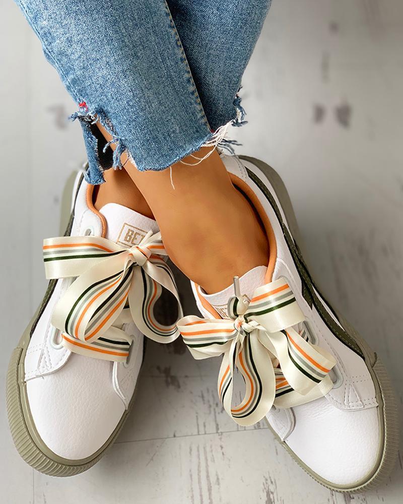 Colorful Ribbon Lace-Up Casual Sneakers