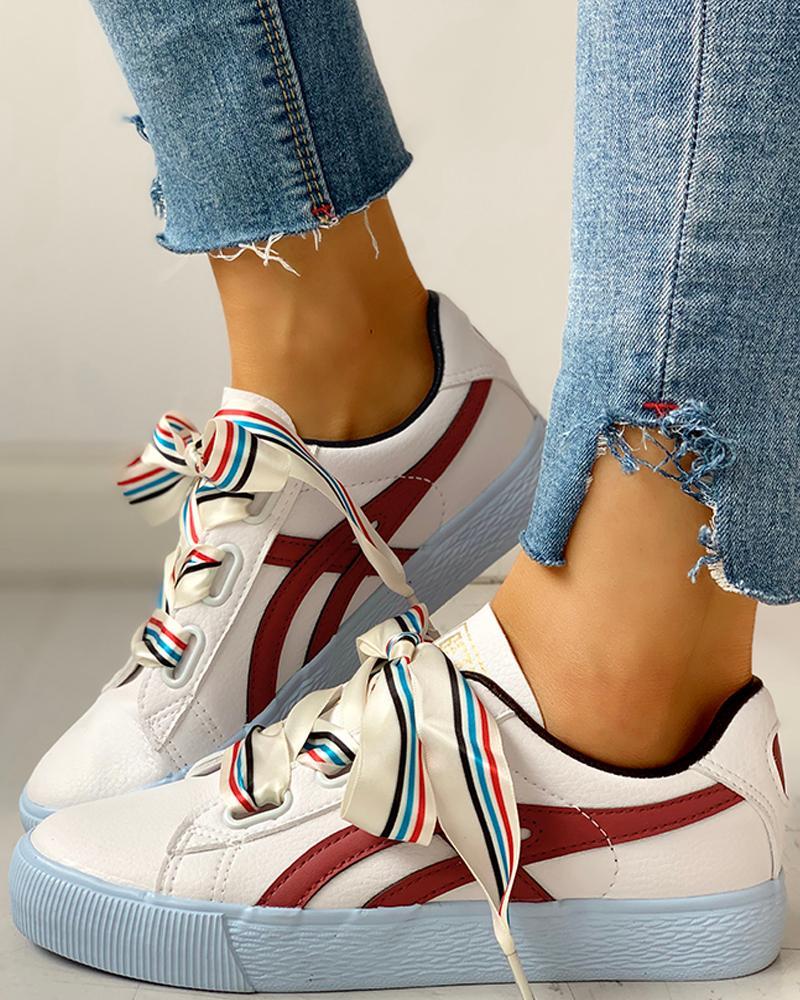 Colorful Ribbon Lace-Up Casual Sneakers